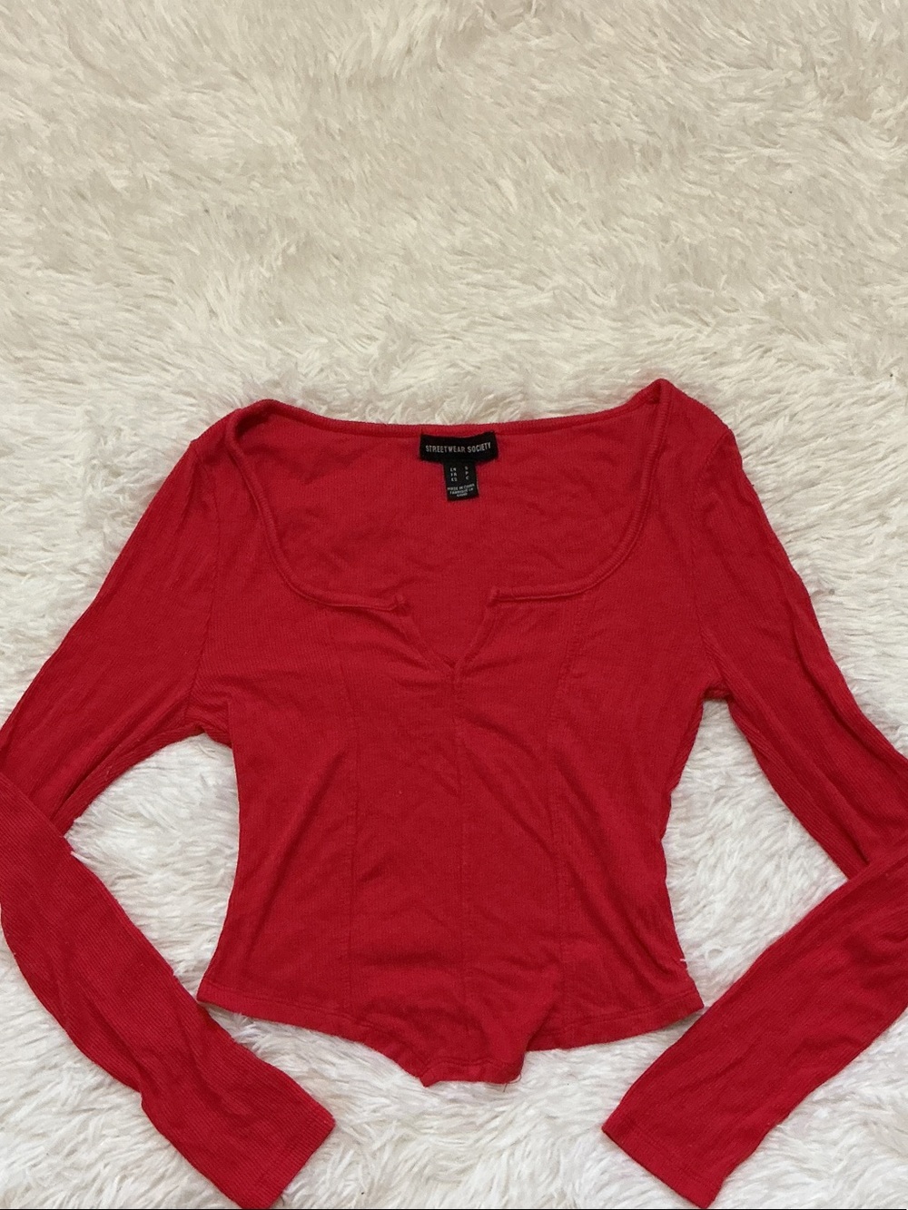 Charlotte Russe Red Ribbed Long Sleeve Scoop Top